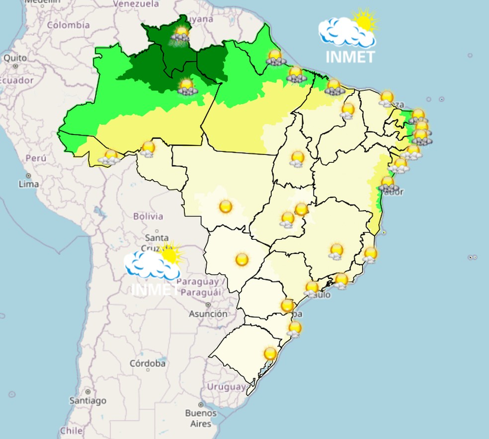Mapa mostra previsão de chuva para esta sexta-feira (15) em todo o Brasil. — Foto: Inmet/Reprodução
