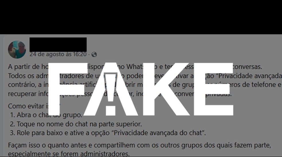 É fake que IA do WhatsApp tem acesso a todas as conversas do usuário， a não ser que configuração "privacidade avançada" esteja ligada — Foto: g1