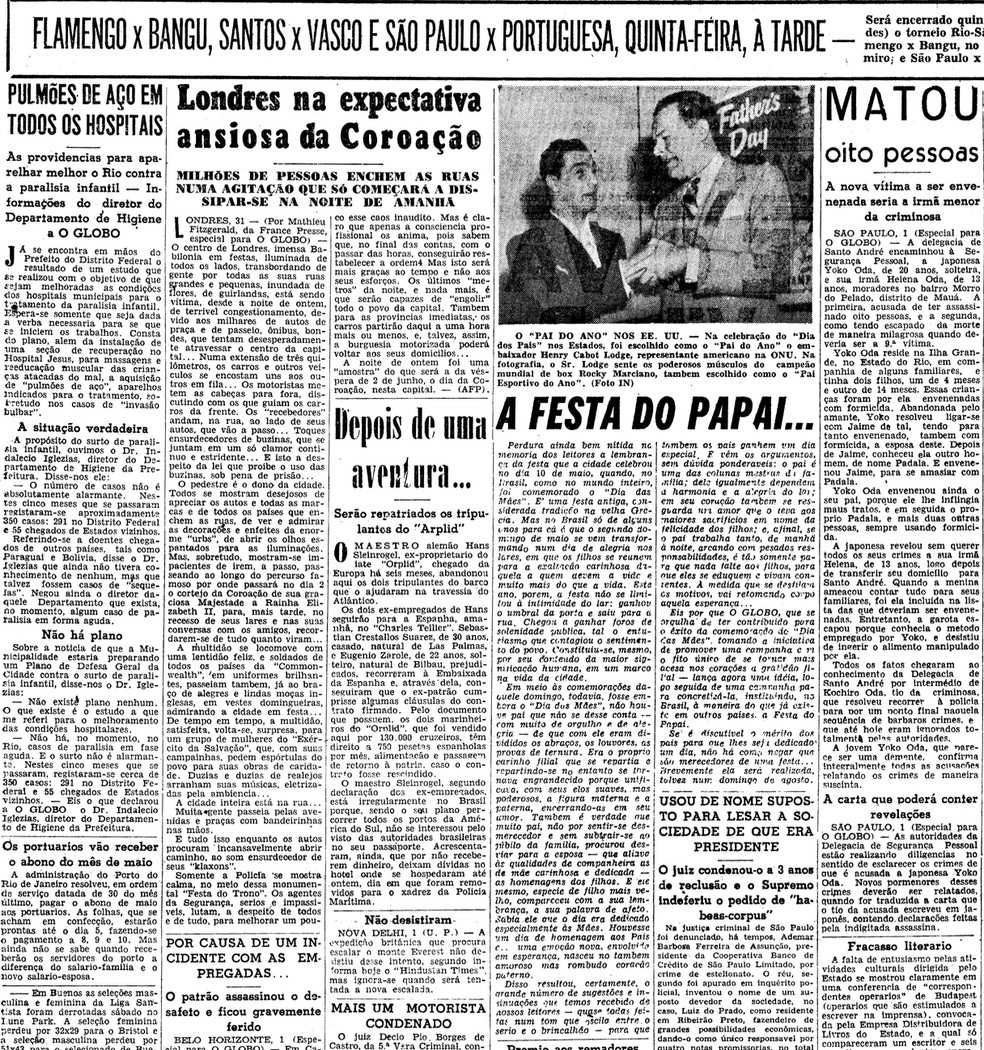 Jornal "O Globo" de 1º de junho de 1953， anunciando o "lançamento" do Dia dos Pais — Foto: Arquivo O Globo