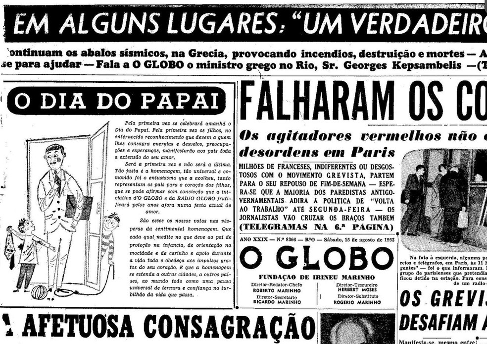 Capa do jornal "O Globo" de 15 de agosto de 1953， um dia antes do primeiro "Dia do Papai" comemorado no Brasil — Foto: Arquivo O Globo