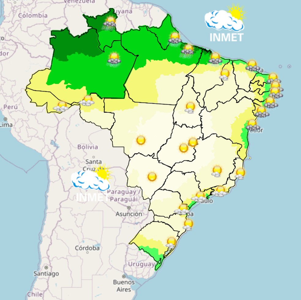 Mapa mostra previsão de chuva para este sábado (16) em todo o Brasil. — Foto: Inmet/Reprodução