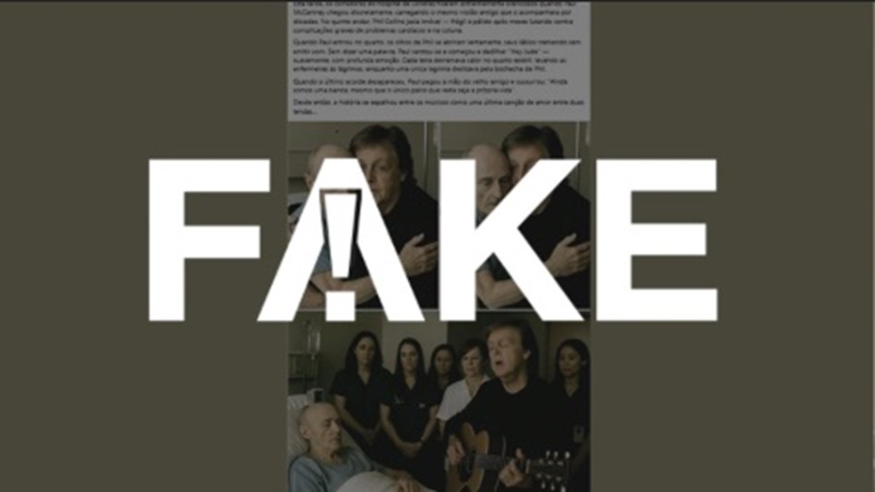 É #FAKE que Paul McCartney visitou Phil Collins no hospital e tocou 'Hey Jude' — Foto: Reprodução