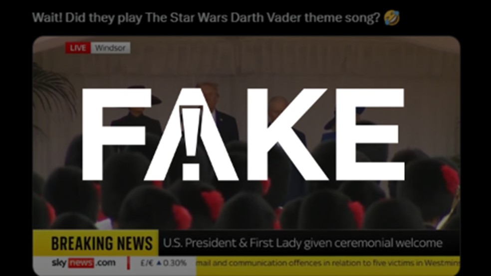 É #FAKE que guarda real britânica tocou música de Darth Vader， de Star Wars， durante visita de Trump — Foto: Reprodução