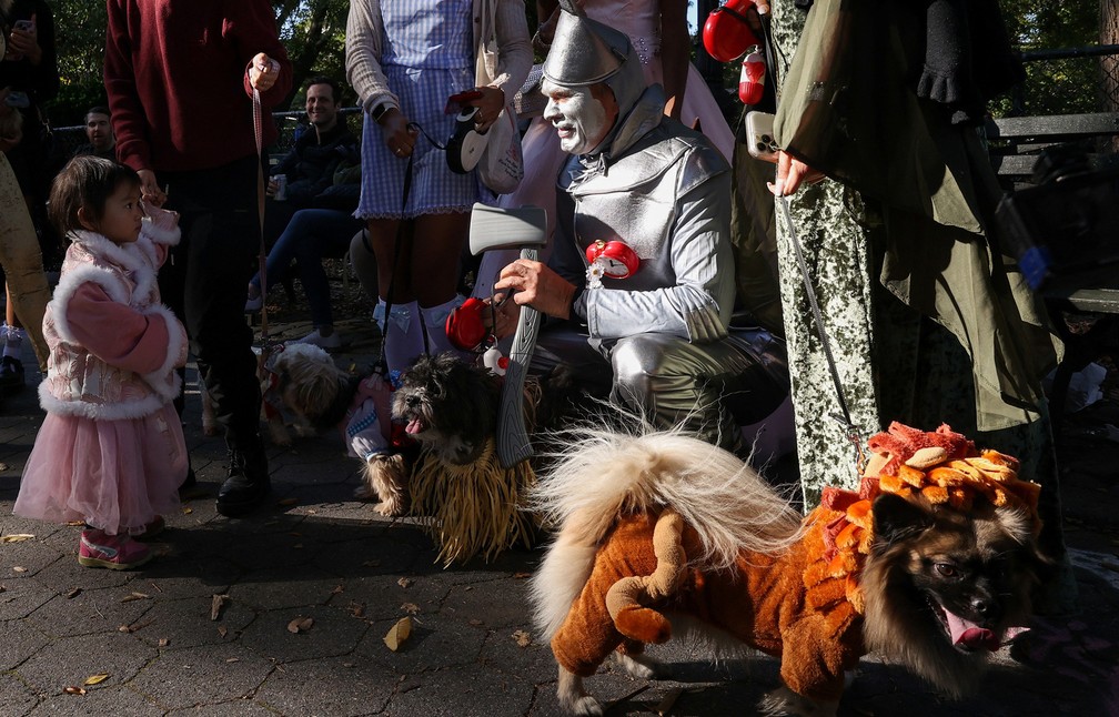Homem e seus cachorros fantasiados como personagens de 'O Mágico de Oz' participam do Desfile Canino de Halloween no Parque da Praça Tompkins， em Nova York — Foto: Caitlin Ochs/Reuters