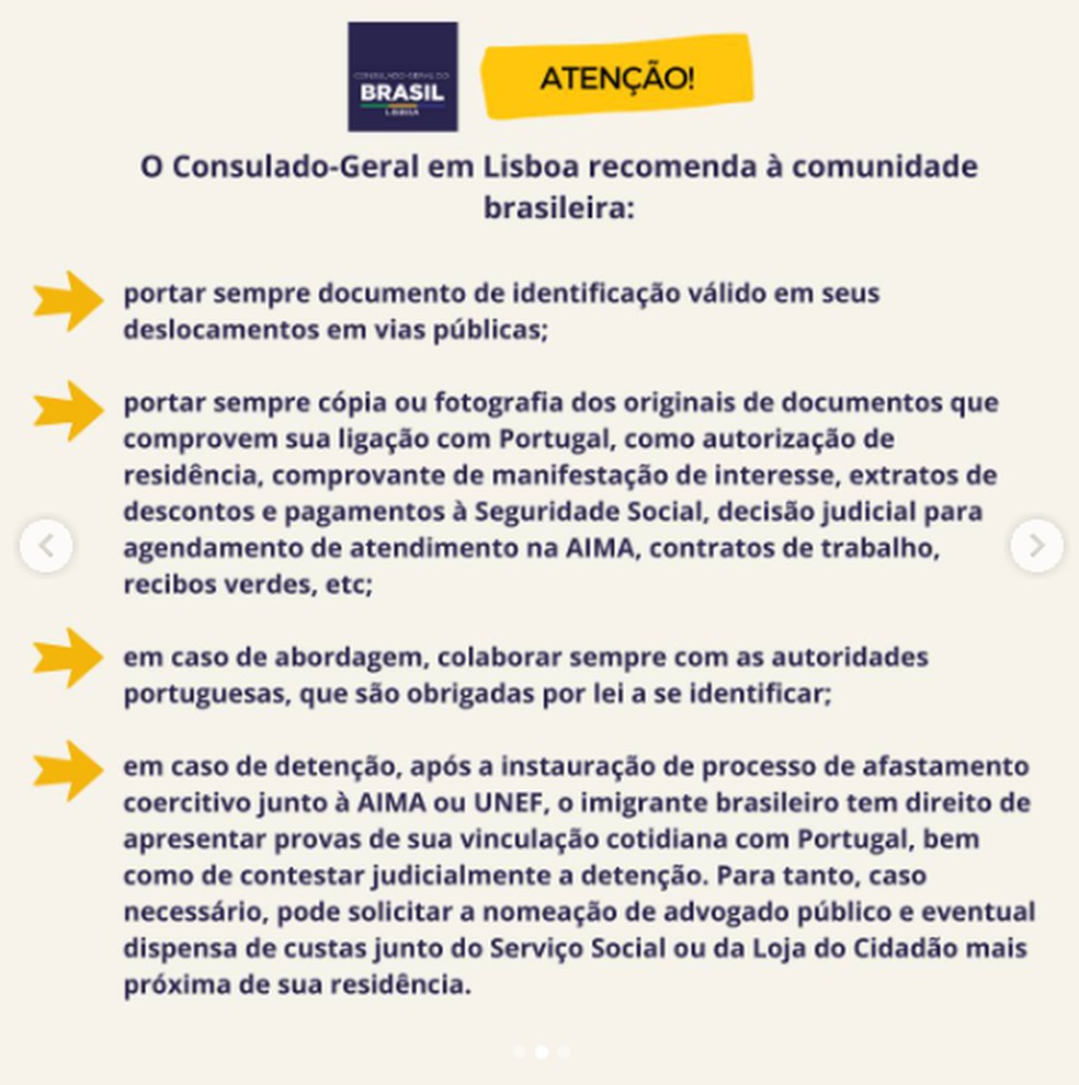 Lista de recomendações do Consulado do Brasil em Lisboa para brasileiros evitarem ser presos pela nova polícia para estrangeiros， emitida em 25 de agosto de 2025. — Foto: Reprodução/ Consulado do Brasil em Lisboa
