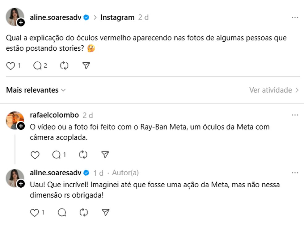 Comentário sobre ícone de óculos no Instagram. — Foto: Reprodução/Threads