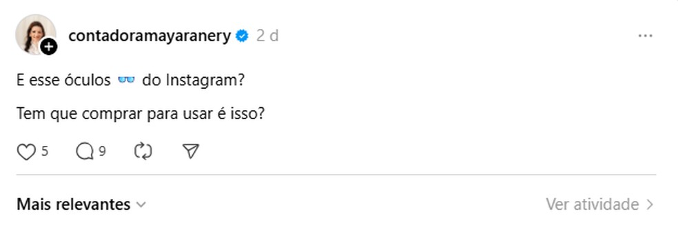 Comentário sobre ícone de óculos no Instagram. — Foto: Reprodução/Threads